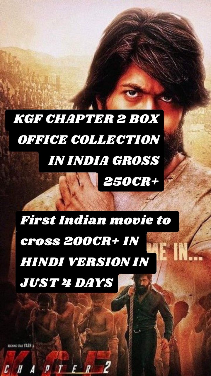 KGF CHAPTER 2 BOX OFFICE COLLECTION IN INDIA GROSS
250CR+ First Indian movie to cross 200CR+ IN HINDI VERSION IN JUST 4 DAYS